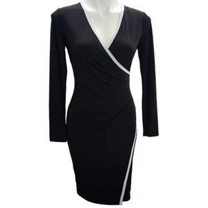 NWT Calvin Klein Dress - Size 6 Faux Wrap Black Long Sleeve Ruched Knee Length
